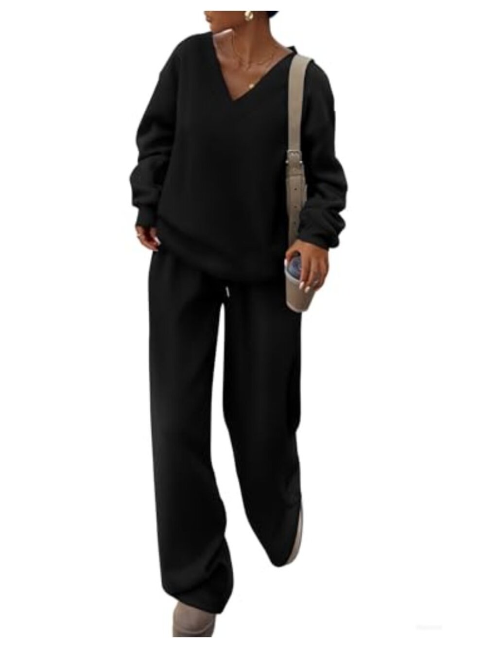 PRETTYGARDEN Womens 2 Piece Sweatsuit Set V Neck Pullover & Wide Leg Sweatpants
